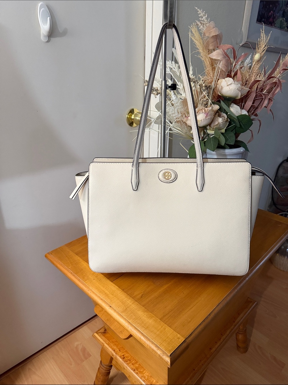 Tory Burch Cream Leather Satchel with Gray Trim